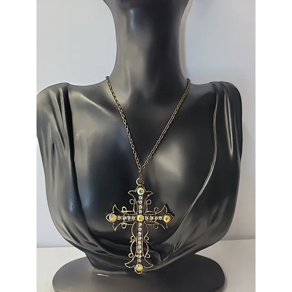 Gold Tone Cross Pendant Necklace Rhinestone AB Crystal Filigree Ornate Vintage‎